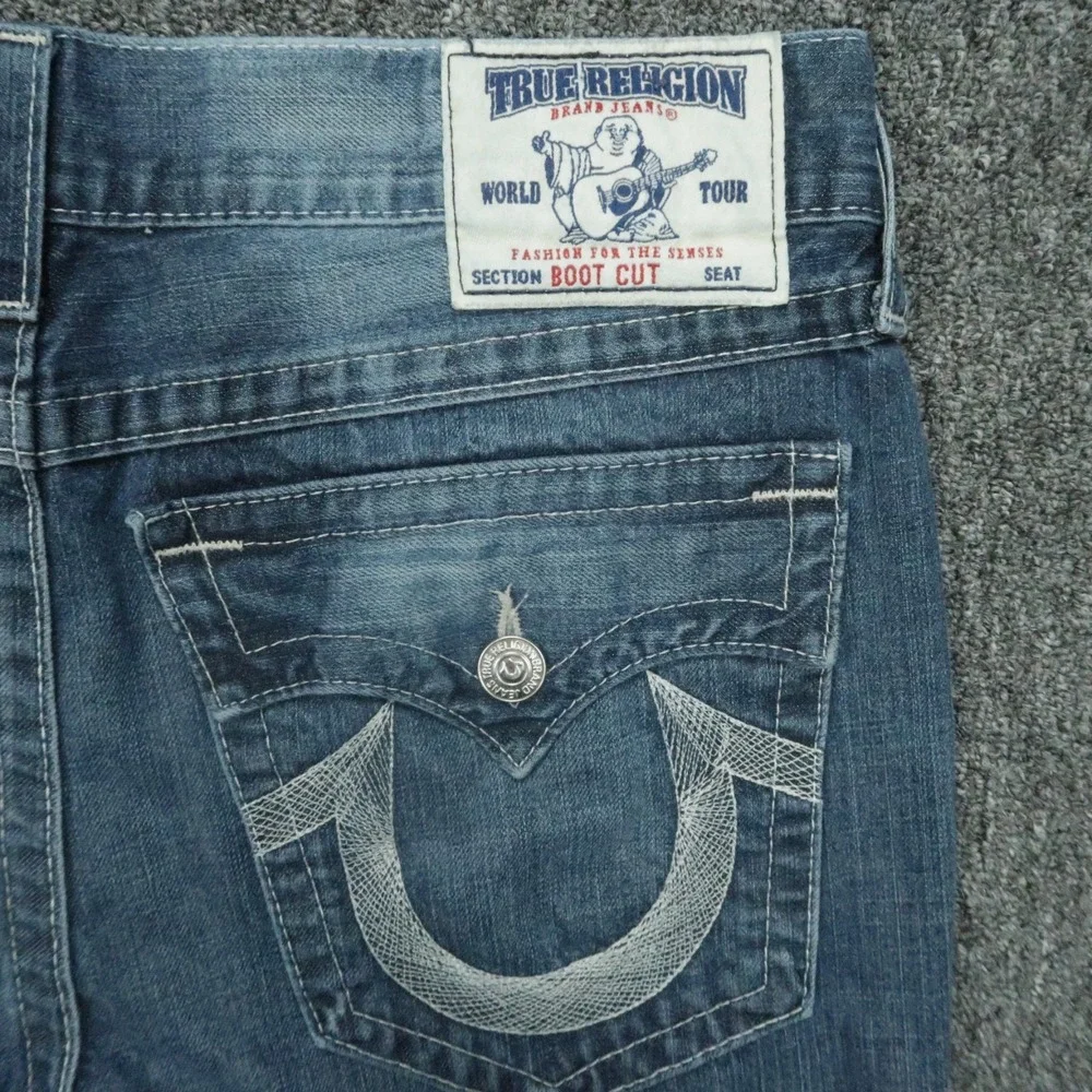 True Religion Jeans Mens 36x28‎ Blue Bootcut Raw Hem 5 Pocket Flaps